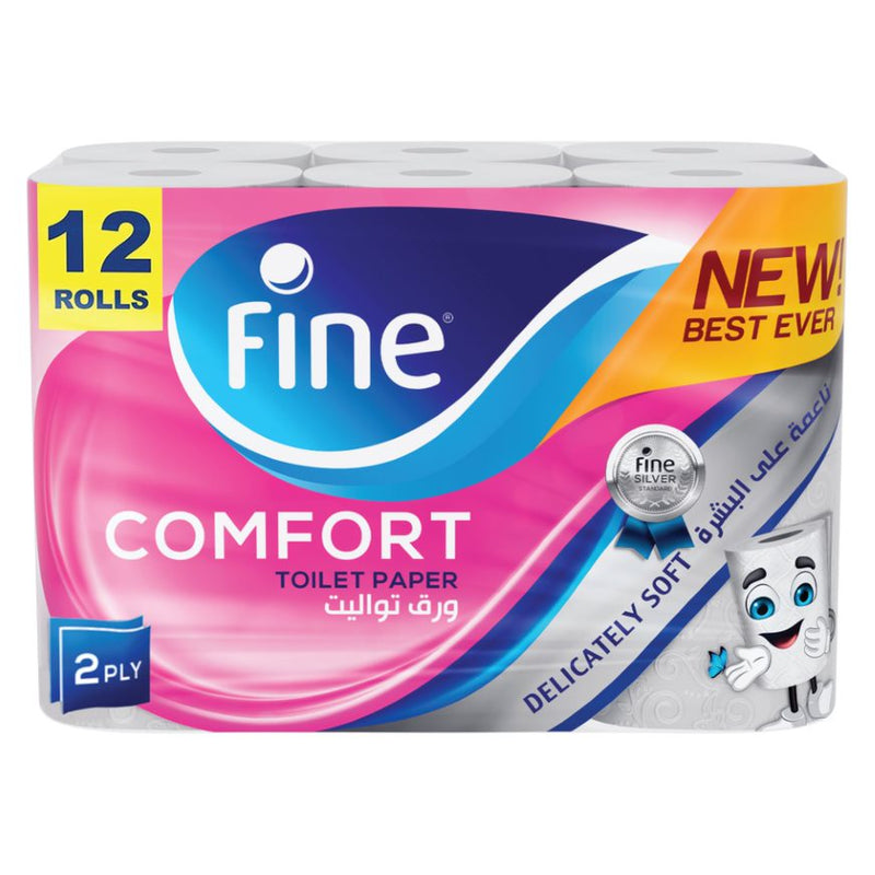 Fine Comfort Toilet Paper 2 Ply, 12 Rolls x 180 Sheets, Absorbent Toilet Roll, Premium Silky Feel Softness Bathroom Tissue Roll, Sterilized for Germ Protection, 2 Ply Tissue Thickness