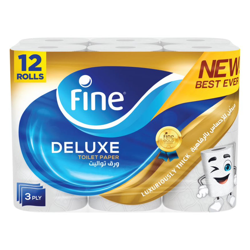 Fine Deluxe Toilet Paper 3 Ply, 12 Rolls x 140 Sheets, Highly Absorbent Toilet Roll, Premium Feel Softness Bathroom Tissue Roll, Sterilized for Germ Protection, Maximum Tissue Thickness