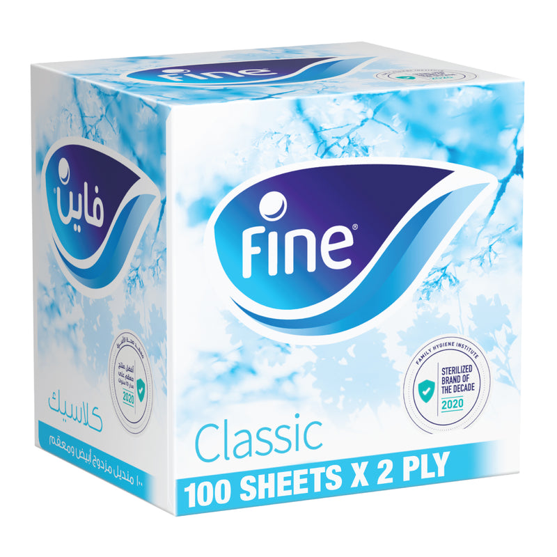 Fine Classic Facial Tissue, Sterilized Cubic Tissue Box, 2 Ply × 100 Sheets, Cotton Feel Tissue Suitable for All Settings, Fine Tissue Sterilized by Steripro For Germ Protection
