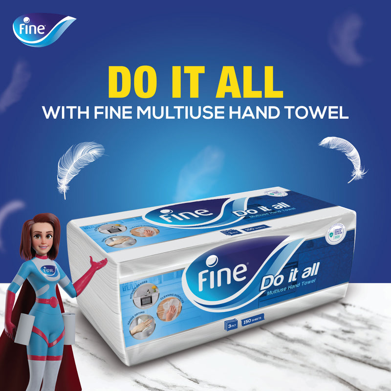 Fine Multiuse Hand Towel, 2 Ply, 150 Sheets, Suitable for All Needs  Around the Household, Hand Kitchen Tissue with Extra Strength and Absorbency Power, Tissue Box with a Delicate Soft Touch