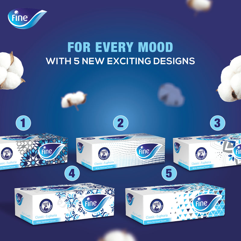 Fine Classic Euphoria Facial Tissue, Sterilized Tissue Box,10 Boxes, 2 Ply × 130 Sheets, Cotton Feel Tissue Suitable for All Settings, Fine Tissue Sterilized by Steripro, Pack may Vary