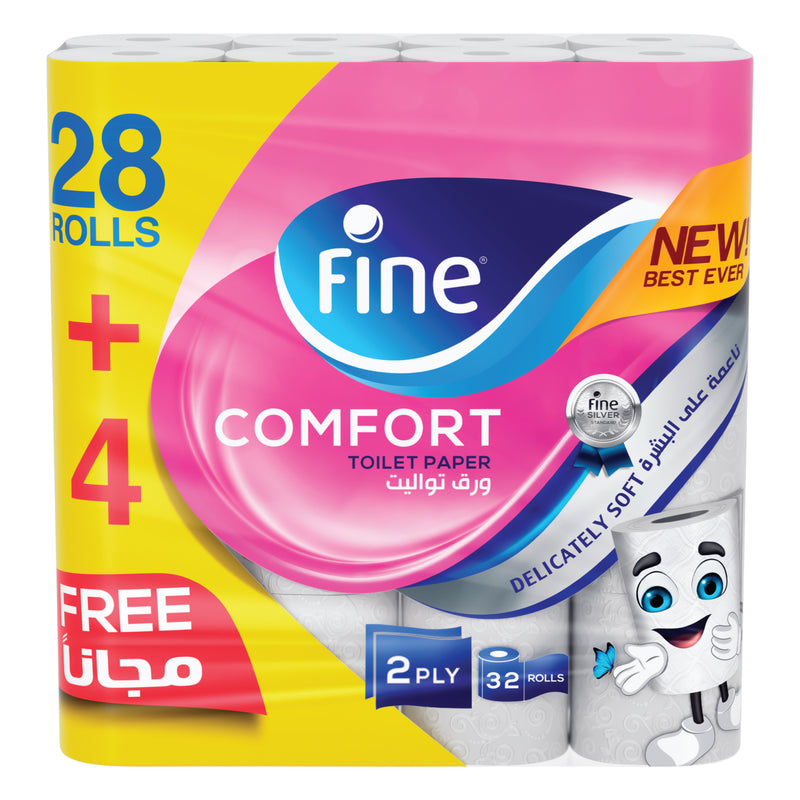 Fine Comfort Toilet Paper 2 Ply, 32 Rolls x 180 Sheets, Absorbent Toilet Roll, Premium Silky Feel Softness Bathroom Tissue Roll, Sterilized for Germ Protection, 2 Ply Tissue Thickness