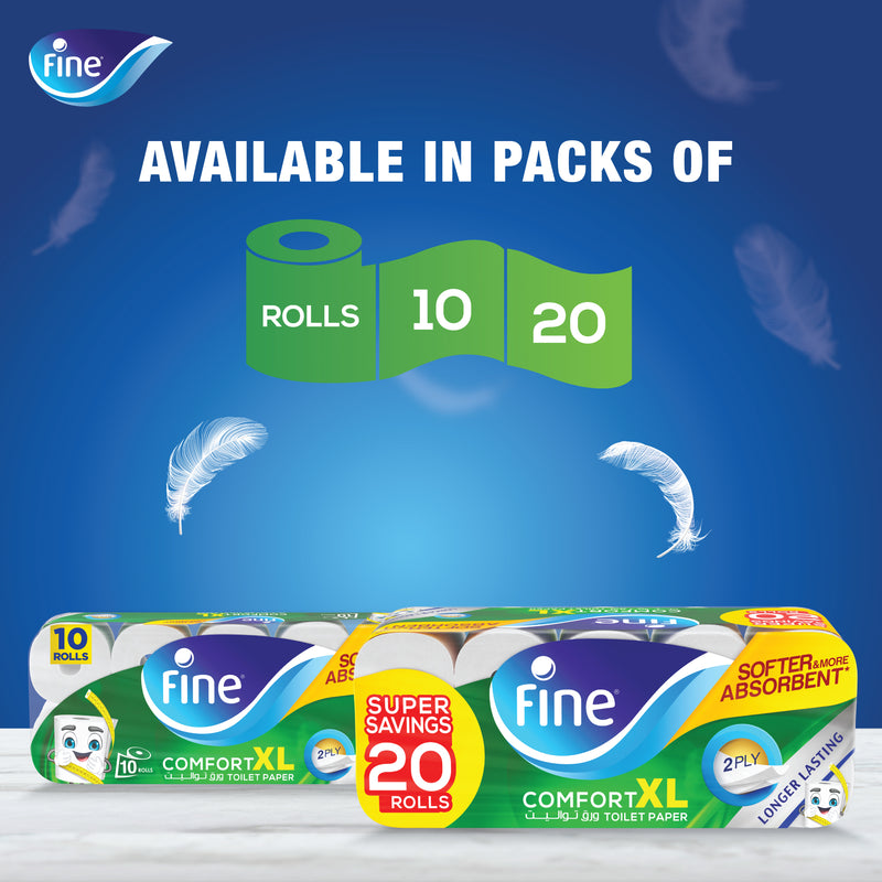 Fine Comfort, XL, Long Lasting, Absorbent, Sterilized, Soft, Flushable Toilet Paper, 2 Plies, Pack of 20 Rolls. New & Improved