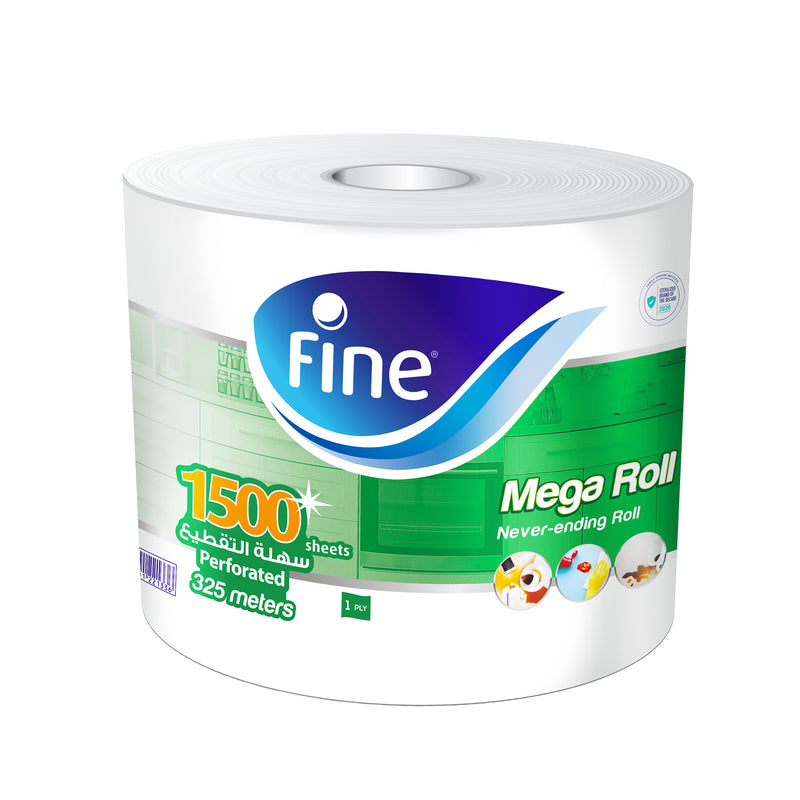 Fine Mega Roll Paper Towel, 1 Ply, 1 Roll x 1500 Sheets, This Fine Tissue Roll is a Suitable Economic Tissue Choice for Indoor & Outdoor Use, Lengthy Kitchen Paper Towel Tackling any Mess Efficiently