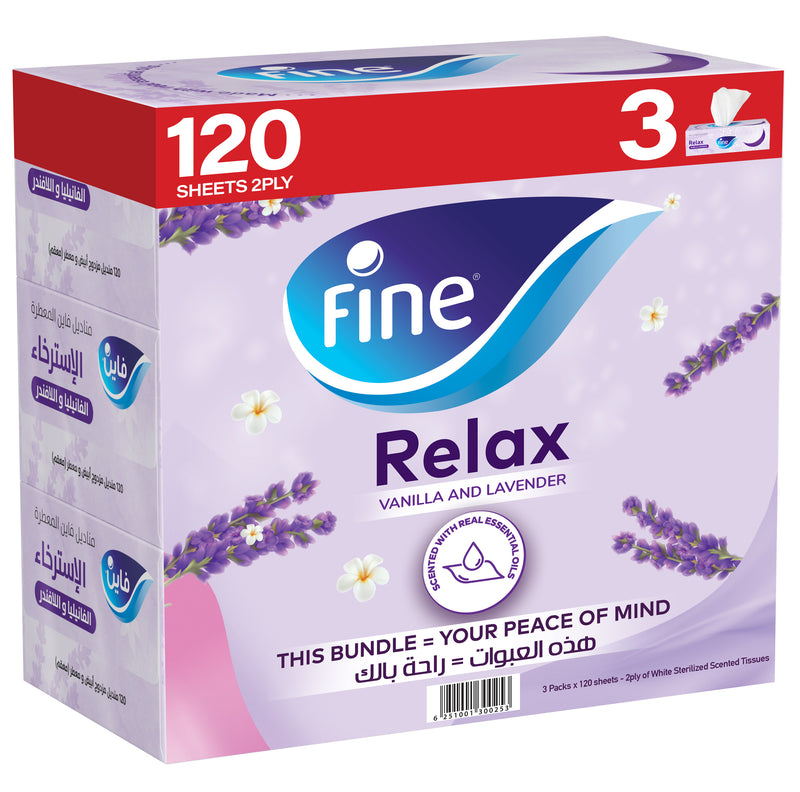 Fine Facial Tissues Wellness Scents Relax-Vanilla Lavender 120 sheets x 2 Ply, Pack of 3