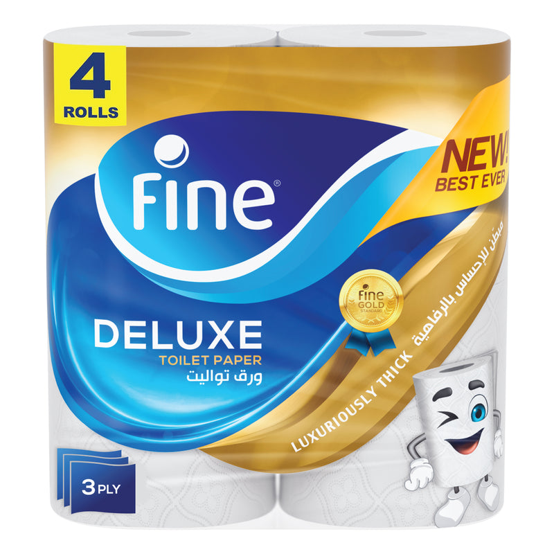 Fine Deluxe Toilet Paper 3 Ply, 4 Rolls x 140 Sheets, Highly Absorbent Toilet Roll, Premium Feel Softness Bathroom Tissue Roll, Sterilized for Germ Protection, Maximum Tissue Thickness