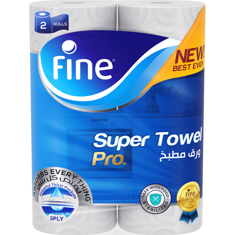 Fine Super Towel Pro, Highly Absorbent, Sterilized & Half Perforated Kitchen Paper Towel, 3 Plies, Pack of 2 Rolls. New & Improved