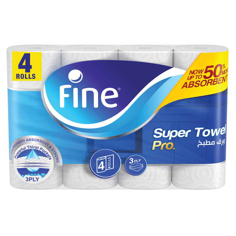 Fine Super Towel Pro Roll, 3 Ply, 4 Rolls x 60 Sheets, Half Perforated Multipurpose Kitchen Towel with Extra Strength, Now Up to 50% More Absorbent, Kitchen Paper Towel with Maximum Wet Strength