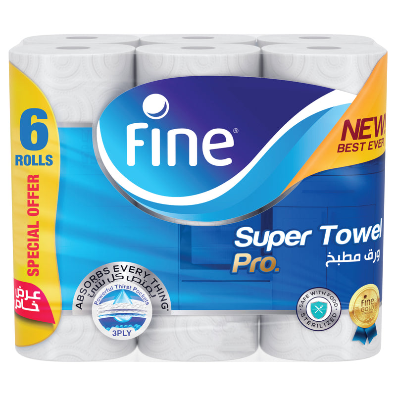 Fine Super Towel Pro Kitchen Roll, 3 Ply, 6 Rolls x 60 Sheets, Half Perforated Multipurpose Kitchen Towel, Extra Strength, Now Up to 50% More Absorbent, Kitchen Paper Towel with Maximum Wet Strength