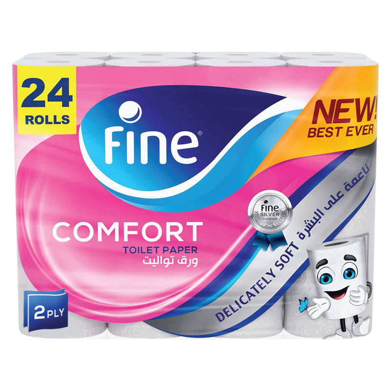 Fine Comfort Toilet Paper 2 Ply, 24 Rolls x 180 Sheets, Absorbent Toilet Roll, Premium Silky Feel Softness Bathroom Tissue Roll, Sterilized for Germ Protection, 2 Ply Tissue Thickness