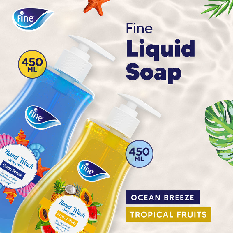 Fine Hand Wash, Bundle of 2, 450ml Bottles, 1 Ocean Breeze and 1 Tropical Fruits Scent