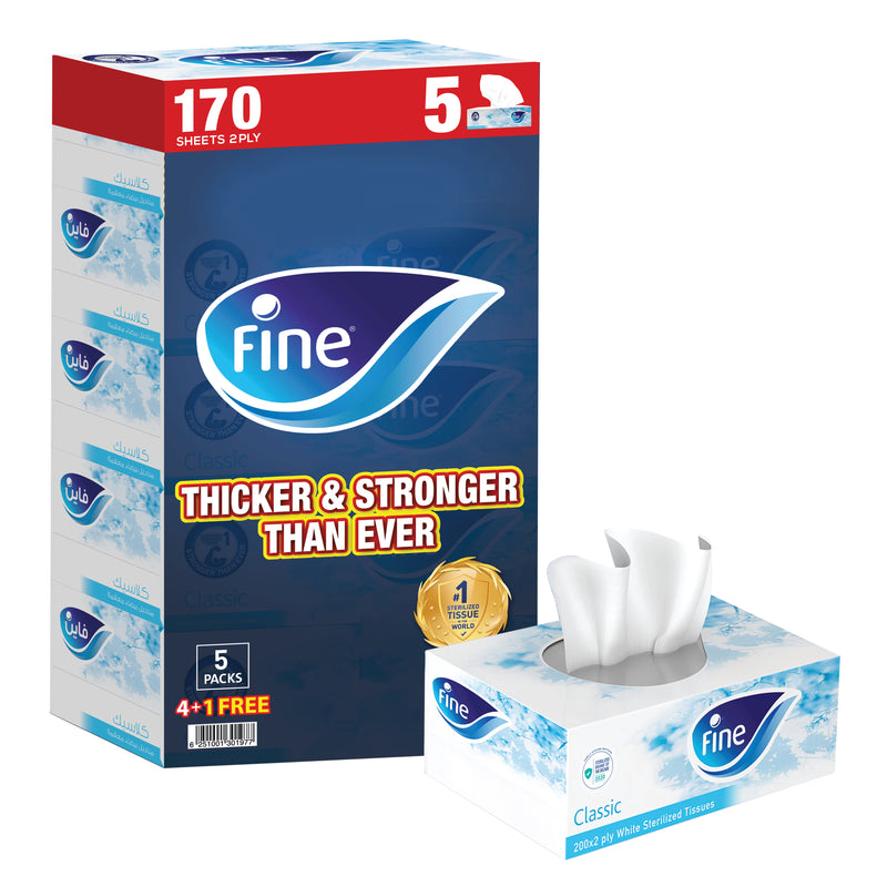 Fine Classic Facial Tissue, Sterilized Tissue Box, 5 Boxes, 2 Ply × 170 Sheets, Cotton Feel Tissue Suitable for All Skin Types and All Settings, Fine Tissue Sterilized by Steripro For Germ Protection