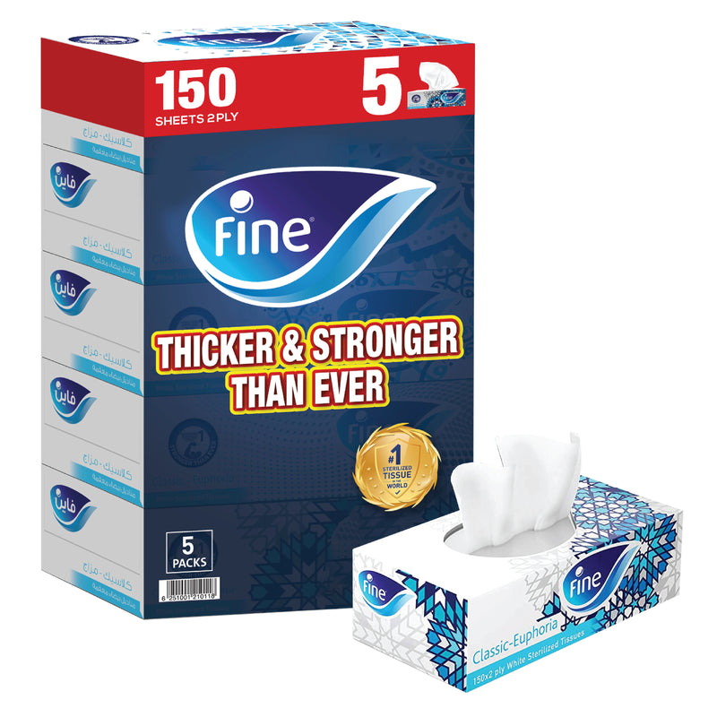 Fine Classic Euphoria Facial Tissue, Sterilized Tissue Box, 5 Boxes, 2 Ply × 150 Sheets, Cotton Feel Tissue Suitable for All Settings, Fine Tissue Sterilized by Steripro, Pack may Vary
