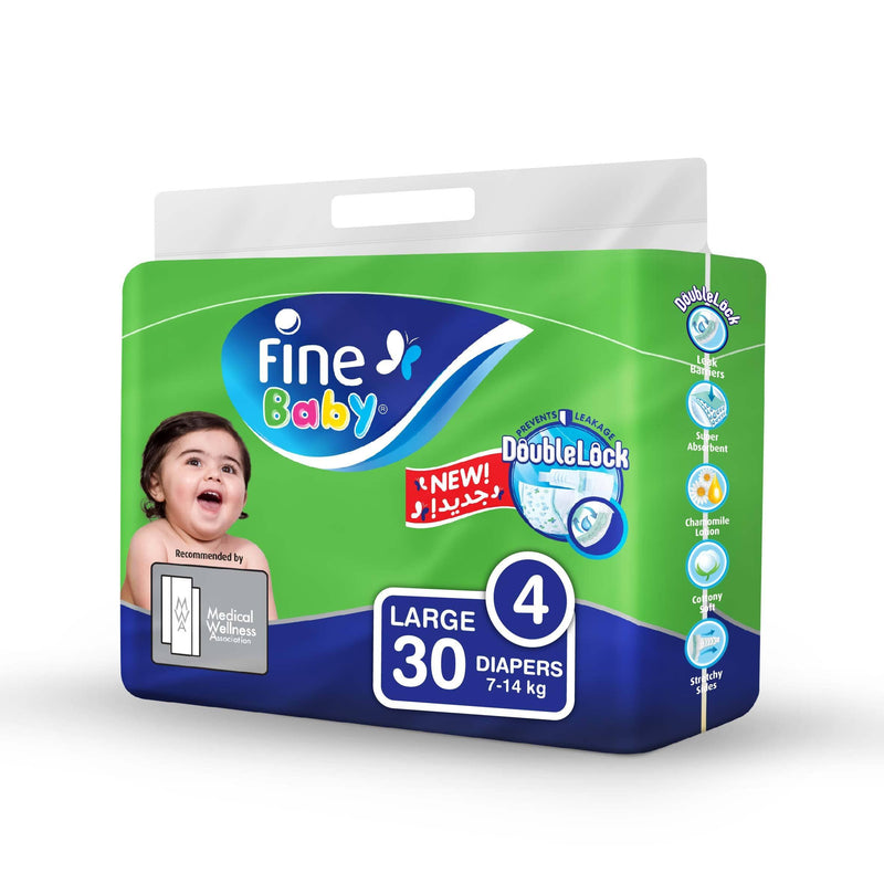 Fine Baby Diapers, DoubleLock Technology , Size 4, Large 7 - 14kg , Economy Pack. 30 diaper count