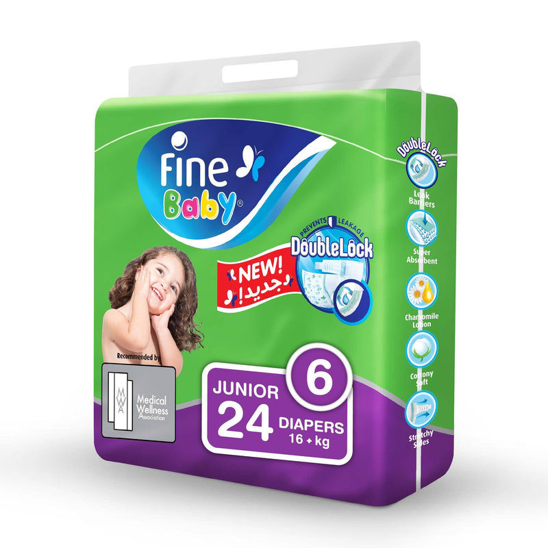 Fine Baby Diapers, DoubleLock Technology , Size 6, Junior 16kg +, Economy Pack. 24 diaper count