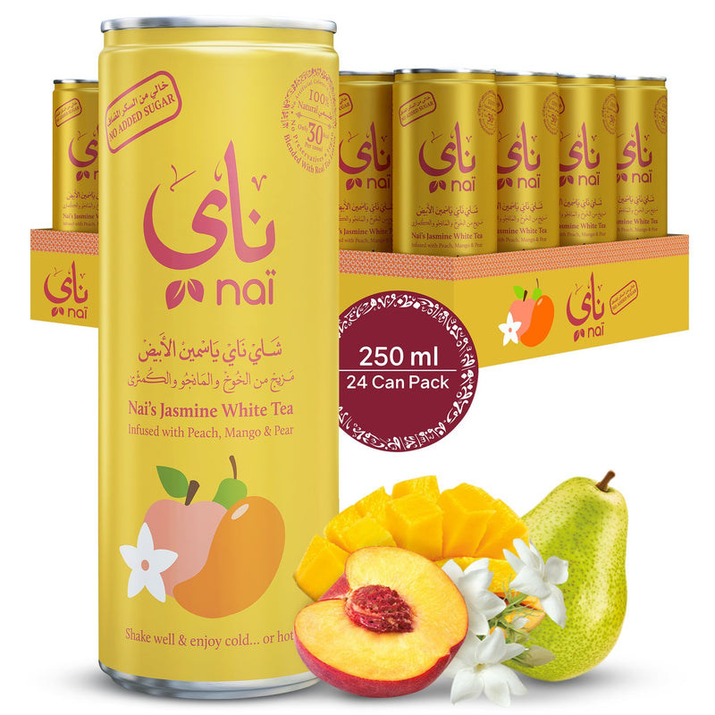 Nai's Peach Mango Jasmine Iced Tea, 100% Natural, Ready-to-Drink, 250ml Can (24 Pack) – Sugar Free