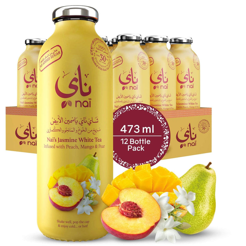 Nai's Peach Mango Jasmine Iced Tea, 100% Natural, Ready-to-Drink, 473ml Glass Bottle, Tray of 12 – Sugar Free