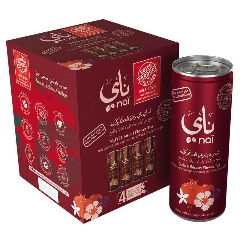 Nai's Hibiscus Pomegranate Rose Iced Tea, 100% Natural, Ready-to-Drink, 250ml Can, Pack of 4 – Sugar Free