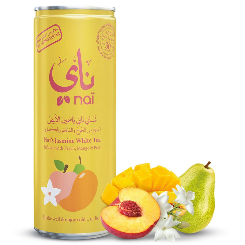 Nai's Peach Mango Jasmine Iced Tea, 100% Natural, Ready-to-Drink, 250ml Can – Sugar Free