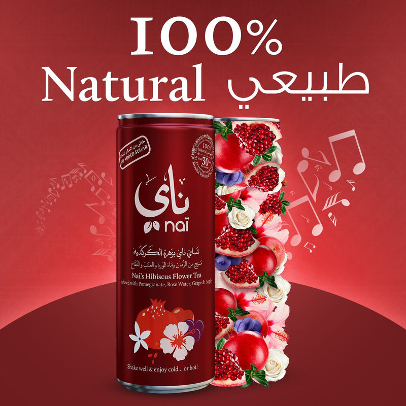 Nai's Hibiscus Pomegranate Rose Iced Tea, 100% Natural, Ready-to-Drink, 250ml Can (24 Pack) – Sugar Free