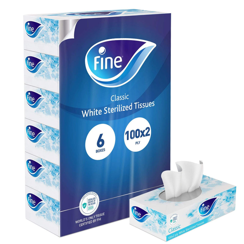 Fine Classic Facial Tissue, Sterilized Tissue Box, 6 Boxes, 2 Ply × 100 Sheets, Cotton Feel Tissue Suitable for All Skin Types and All Settings, Fine Tissue Sterilized by Steripro For Germ Protection