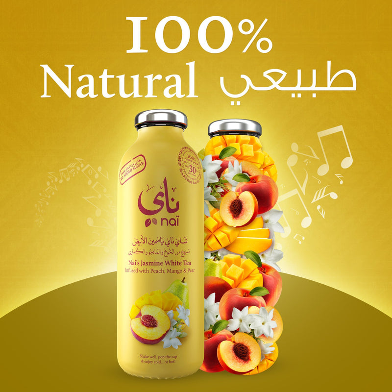 Nai's Peach Mango Jasmine Iced Tea, 100% Natural, Ready-to-Drink, 473ml Glass Bottle – Sugar Free